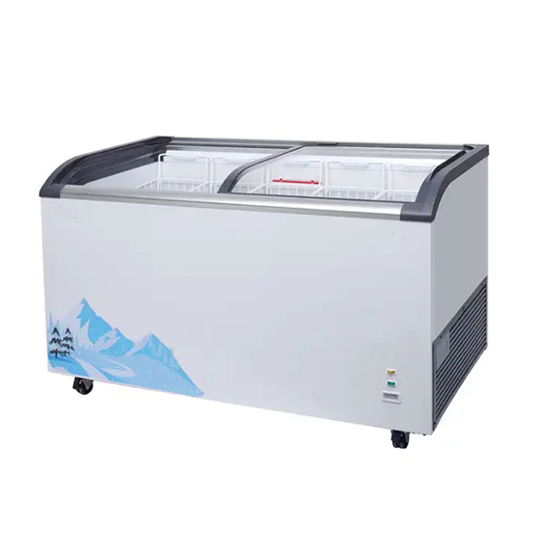 353L SD353 Commercial Double Door Curved Glass Sliding Door Chest Deep Display Showcase Fridge Freezer