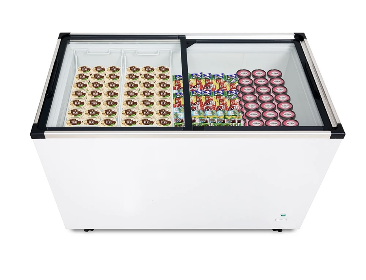 Hot Best Quality 410L Commercial Double Door Horizontal Glass Chest Freezer with High Cop Compressor & Non-CFC Refrigerant