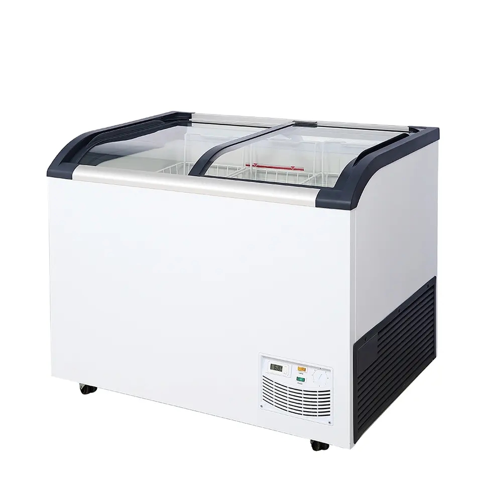Good Price Factory Commercial 220L Curved Sliding Glass Door Ice Cream Chest Freezer with CE CB ETL Certificate
