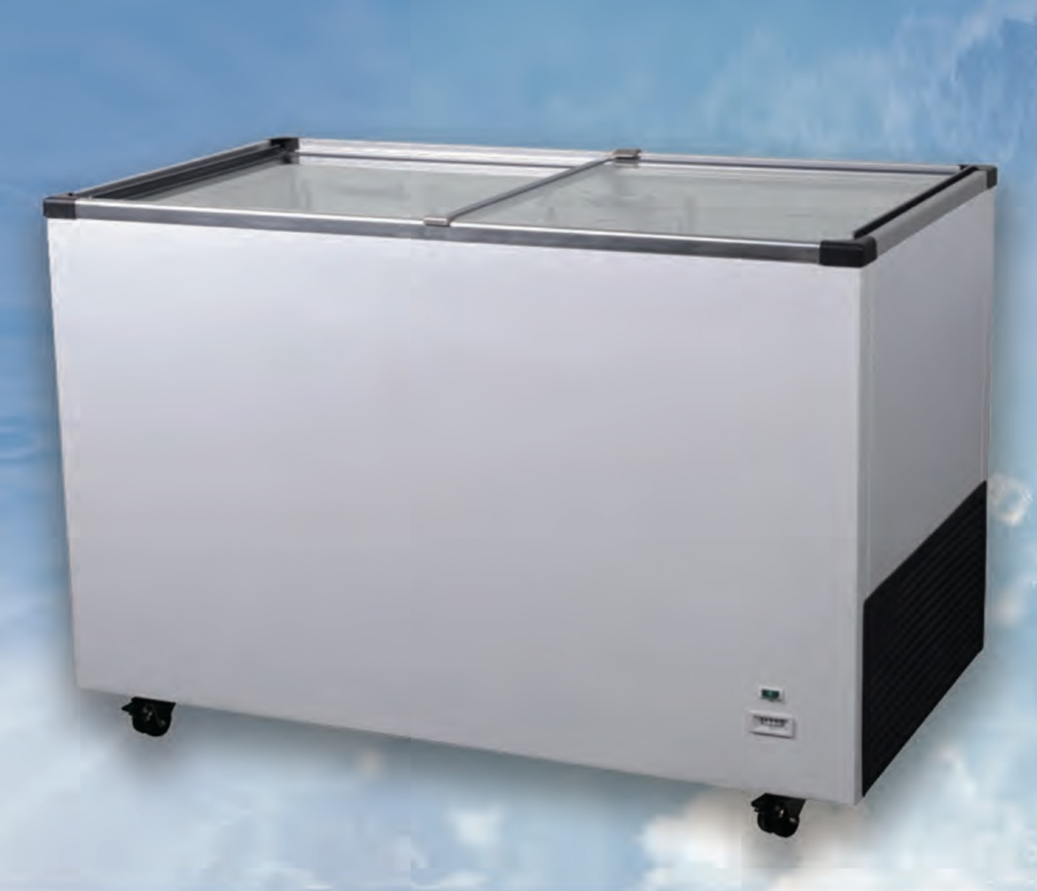 Hot Best Quality 410L Commercial Double Door Horizontal Glass Chest Freezer with High Cop Compressor & Non-CFC Refrigerant