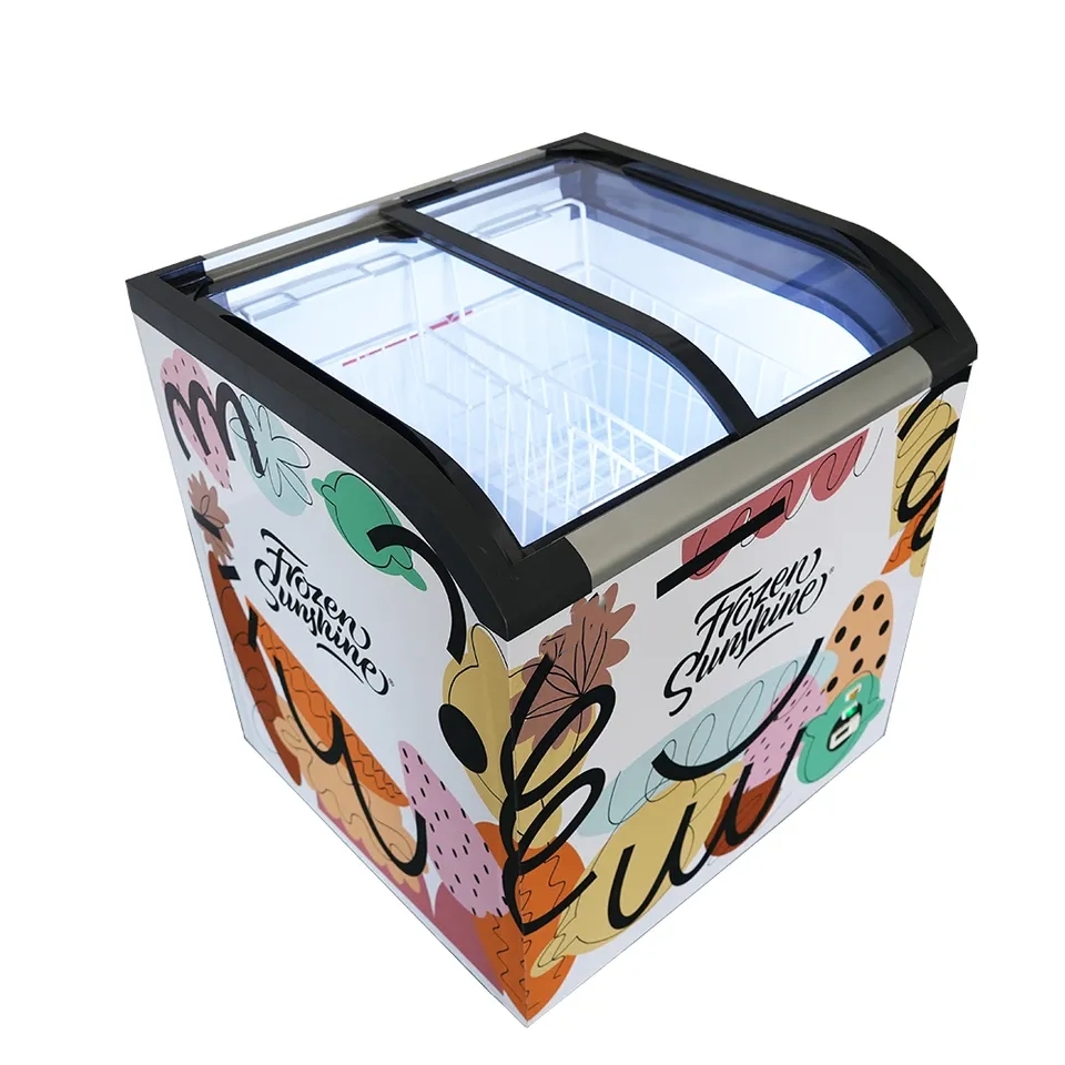 Good Price Factory Commercial 220L Curved Sliding Glass Door Ice Cream Chest Freezer with CE CB ETL Certificate