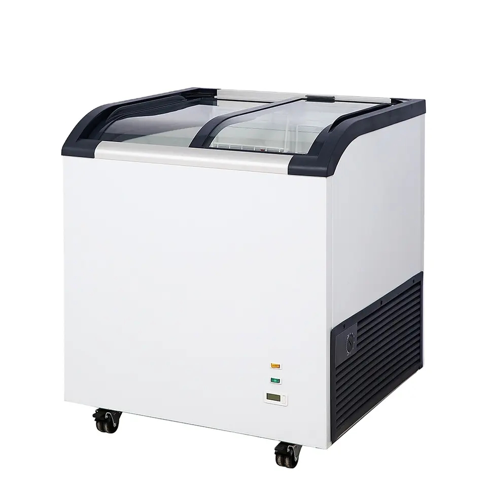 Good Price Factory Commercial 220L Curved Sliding Glass Door Ice Cream Chest Freezer with CE CB ETL Certificate